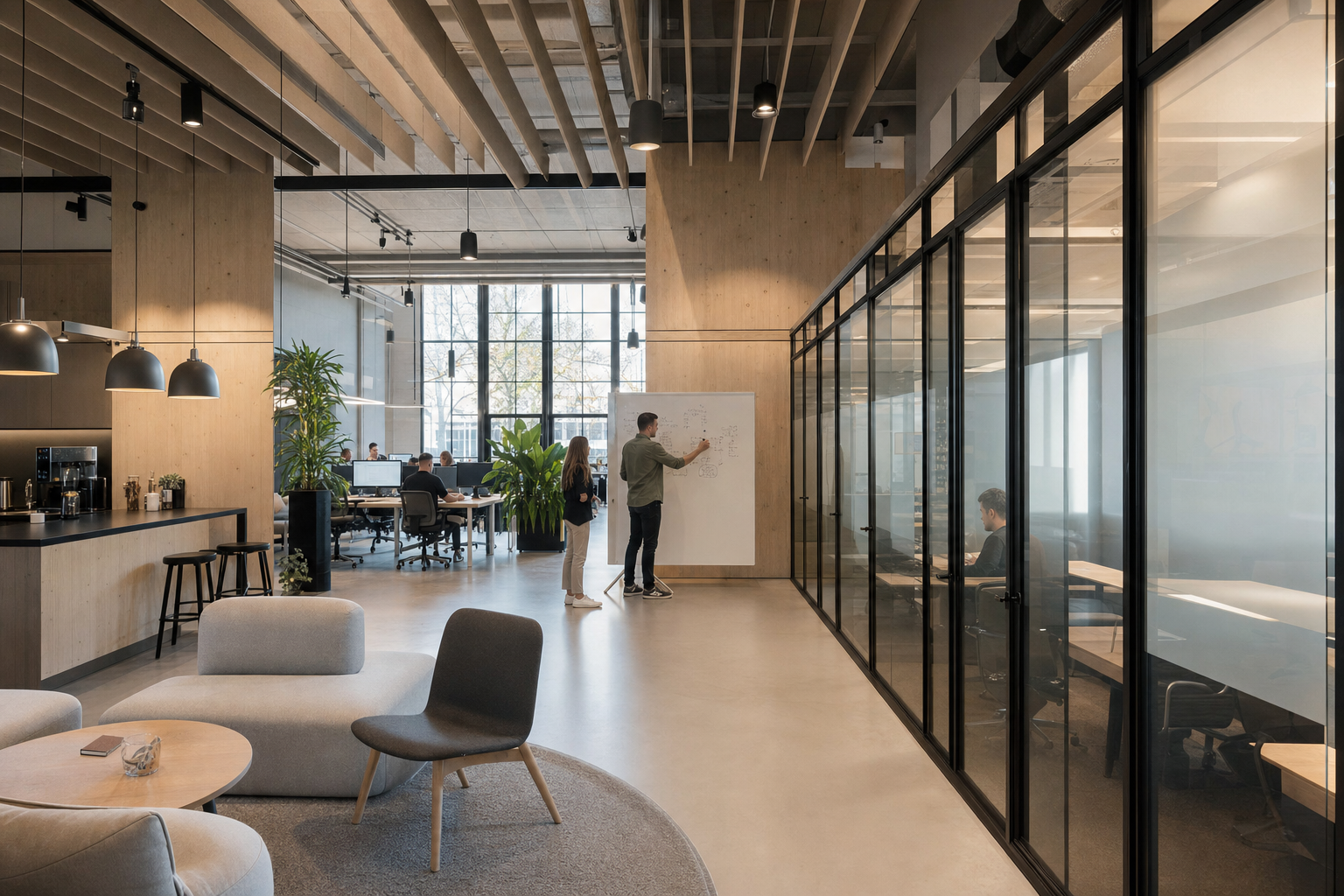 Modern kantoorinterieur met samenwerkingsruimtes en concentratiezones