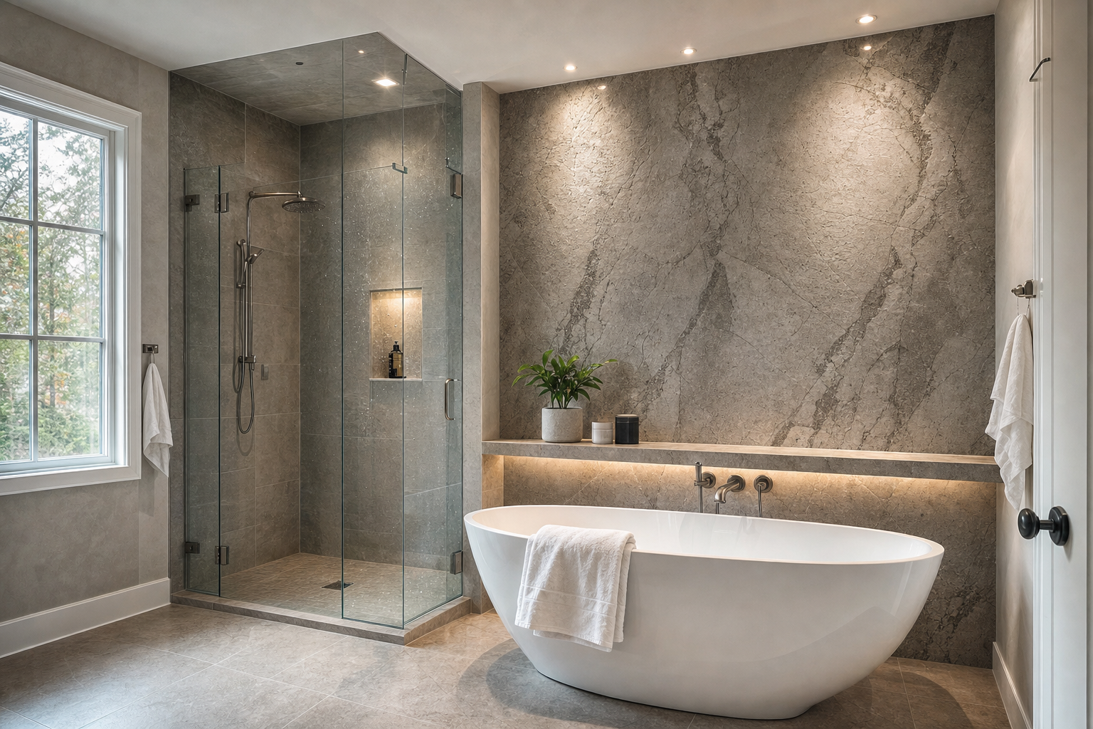 Natuursteen wandpanelen in moderne badkamer