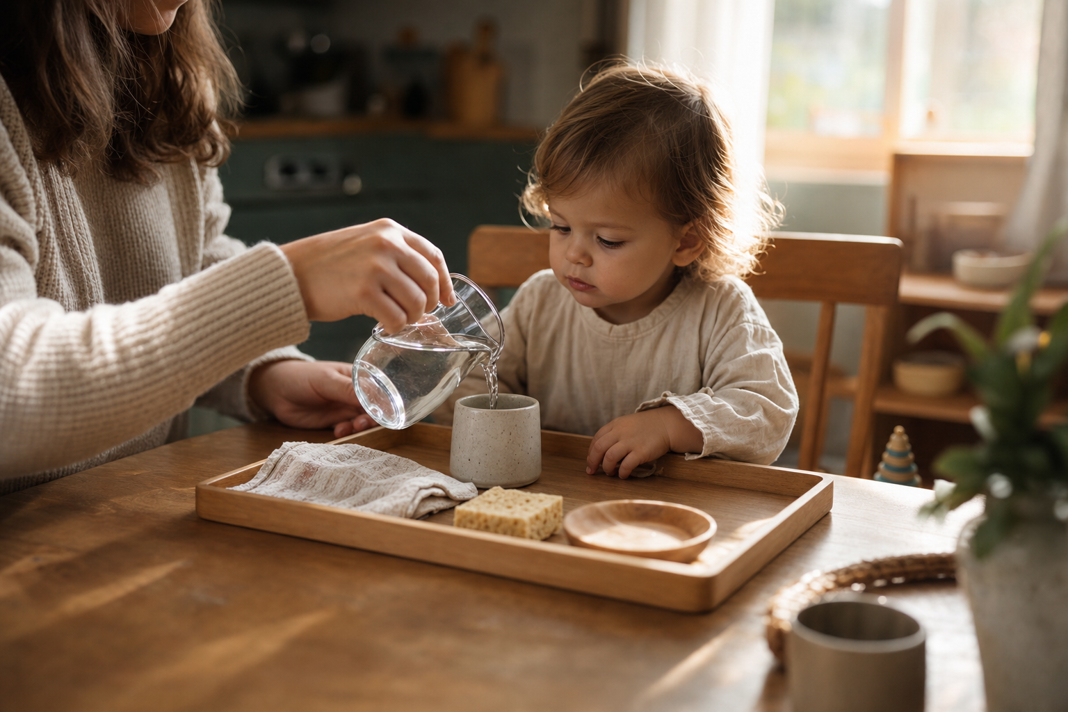 Peuter speelt zelfstandig met Montessori materialen