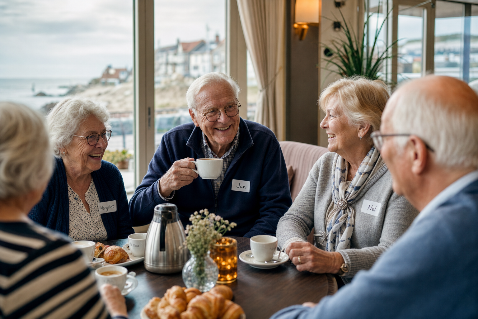 Groep senioren geniet van sociale activiteit tijdens groepsreis