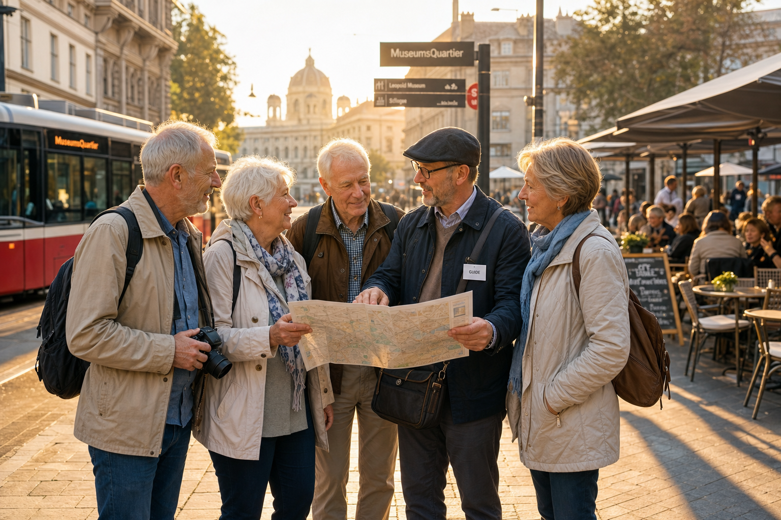 Senior reizigers in gesprek tijdens excursie