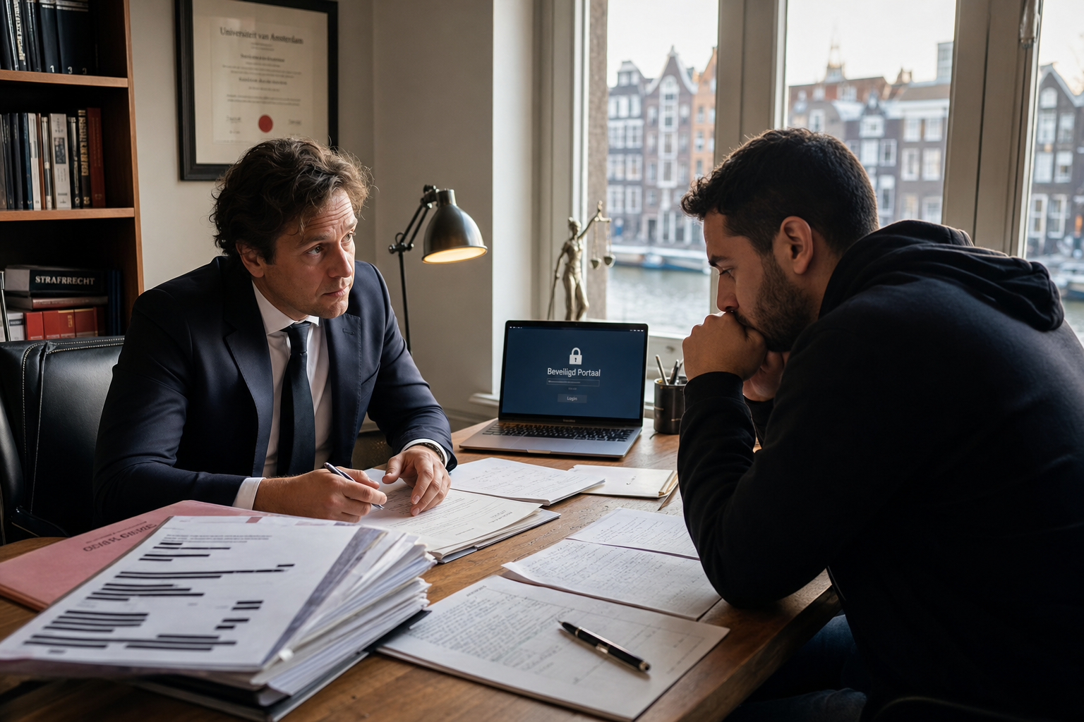 Strafrechtadvocaat bespreekt dossier met verdachte